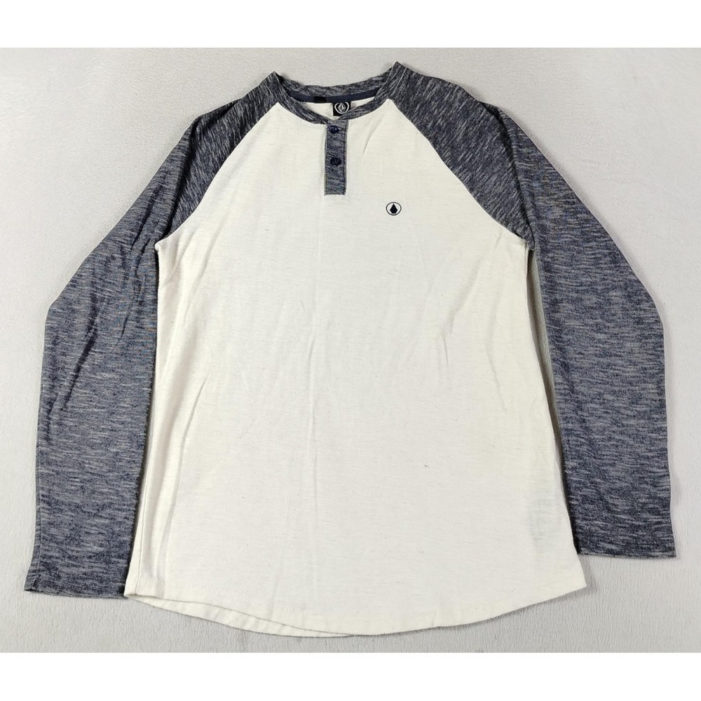 Volcom Shirt Mens Small White Gray Long Sleeve Henley Skatelife Skaterpunk Linen